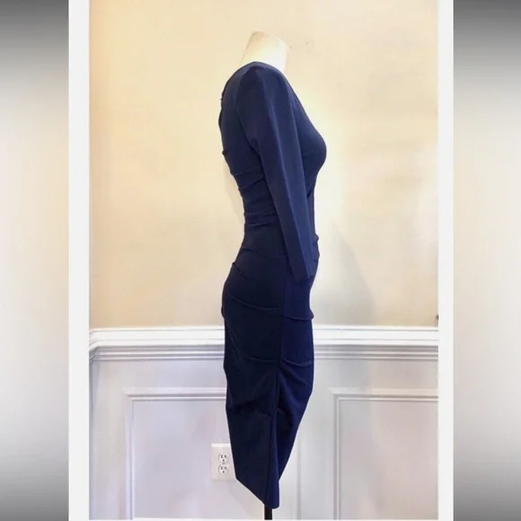 Nicole Miller Artelier Navy Blue Ruched Dress Midi Womens Small 006082 | O134 - Picture 2 of 12